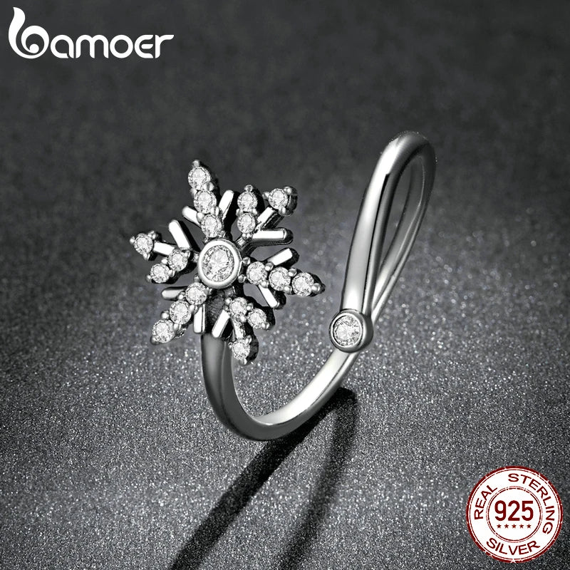 White Crystal 925 Sterling Silver Snowflake Open Ring for Women Winter Christmas Gift Engagement Jewelry Adjustable Ring - Madeinsea©