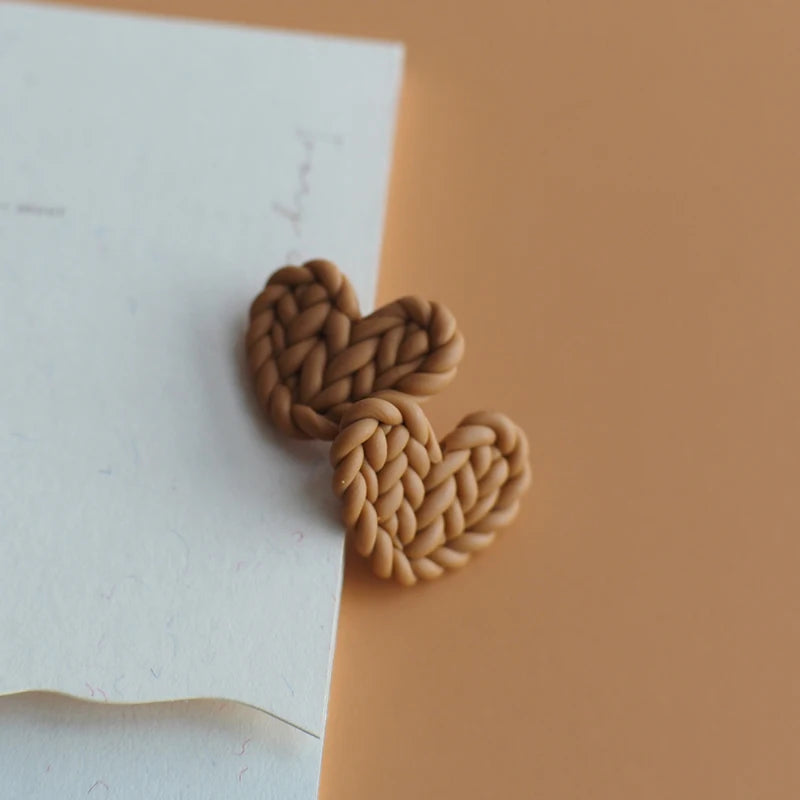 Leaves Heart Earthy Colors Arch Natural Handmade Polymer Clay Braided Pattern Earrings Dangle Sets Women Jewelry Holiday Wear