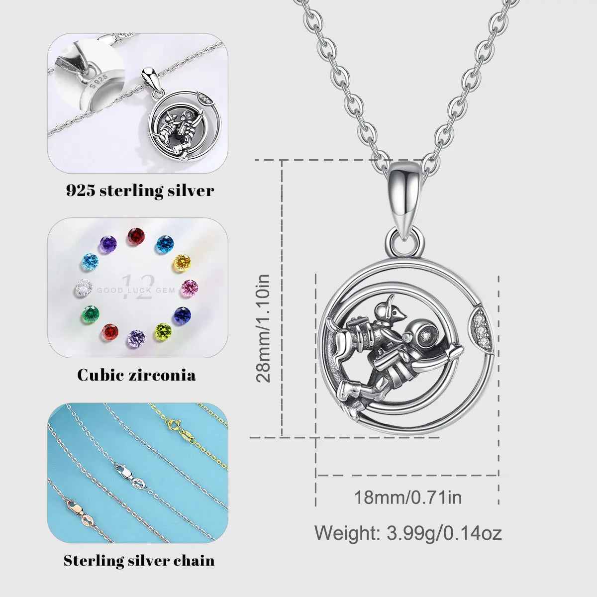 EUDORA Collier avec pendentif astronaute et chien en argent sterling 925, bijou fantaisie raffiné, idéal pour homme et femme