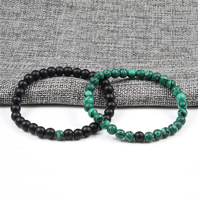 Hot Sale 2pcs/Set Couples Beaded Bracelets Tiger Eye Black Lava Natural Stone Beaded Bracelets Malachite Energy Elastic Jewelry