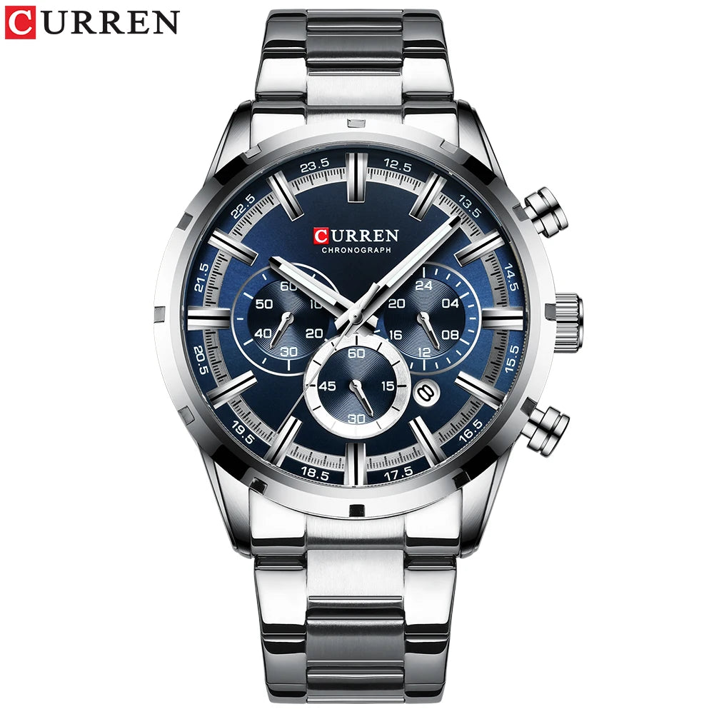 CURREN Top Brand Military Quartz Watches Silver Blue Mens Stainless Steel Chronograph Wristwatch for Male Casual Sporty Clocks