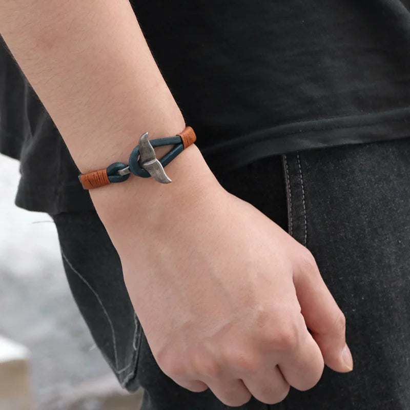 MKENDN Vintage Whale Tail Leahter Bracelet Men Women Fashion Beach Jewelry Summer Punk Style