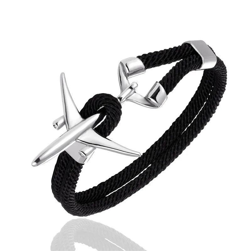 MKENDN Fashion Stainless Steel Airplane Glider Anchor Rope Leather flight Bracelets Men Women aviator Style