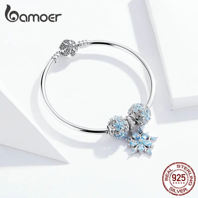 bamoer Genuine 925 Sterling Silver Winter Snowflake Princess Bangle for Women Charm Bracelet Luxury European Bijoux SCB833