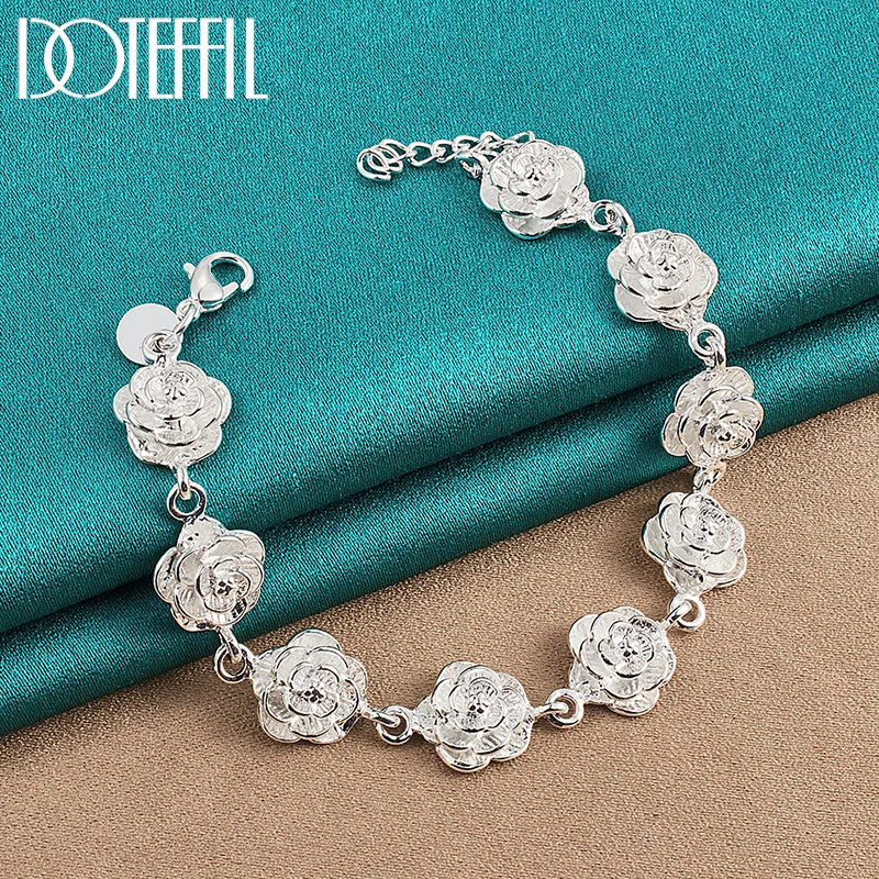 DOTEFFIL 925 Sterling Silver Full Rose Flower Chain Bracelet For Women Wedding Engagement Party Fashion Charm Jewelry - Madeinsea©