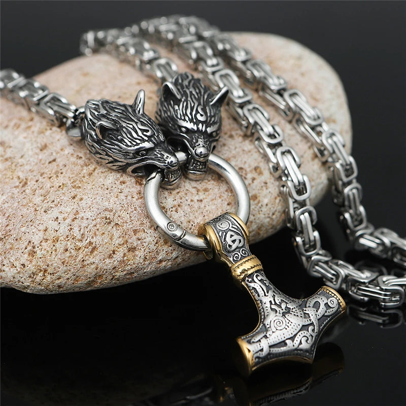 Dropshipping Stainless Steel Wolf head Necklaces Men Norse Thor's Hammer Mjolnir Pendant Scandinavian King Chain Viking Jewelry