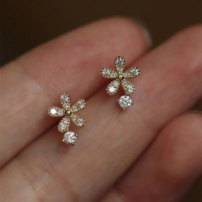 925 Sterling Silver Shiny Crystal Flower Stud Earrings Women Cute Elegant Party Wedding Jewelry Accessories Girlfriend Gifts