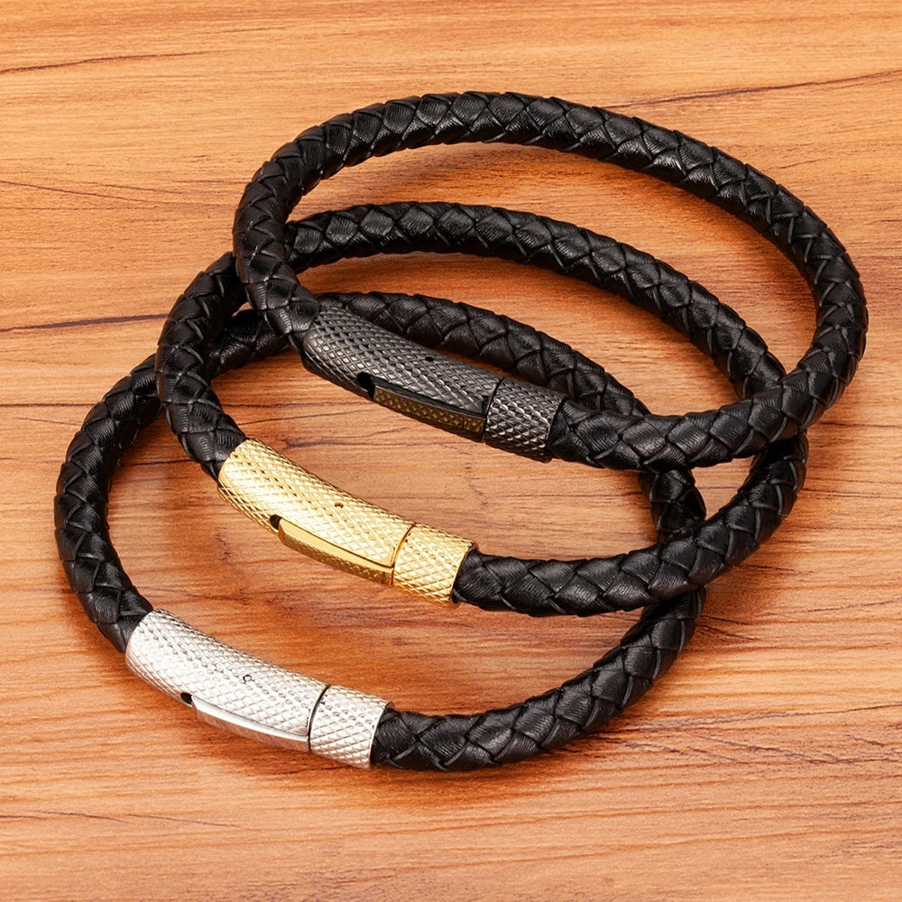 Bracelet TYO de luxe classique en acier inoxydable et cuir pour homme, tissé à la main, fermoir magnétique, noir, bijou simple, cadeau personnalisable