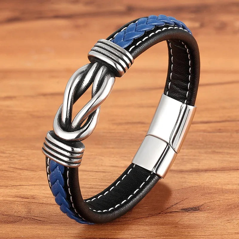 TYO Geometric Stainless Steel Men's Leather Bracelet Hand-woven Magnetic Clasp Black Blue Leather Bangle Christmas Jewelry Gift - Madeinsea©