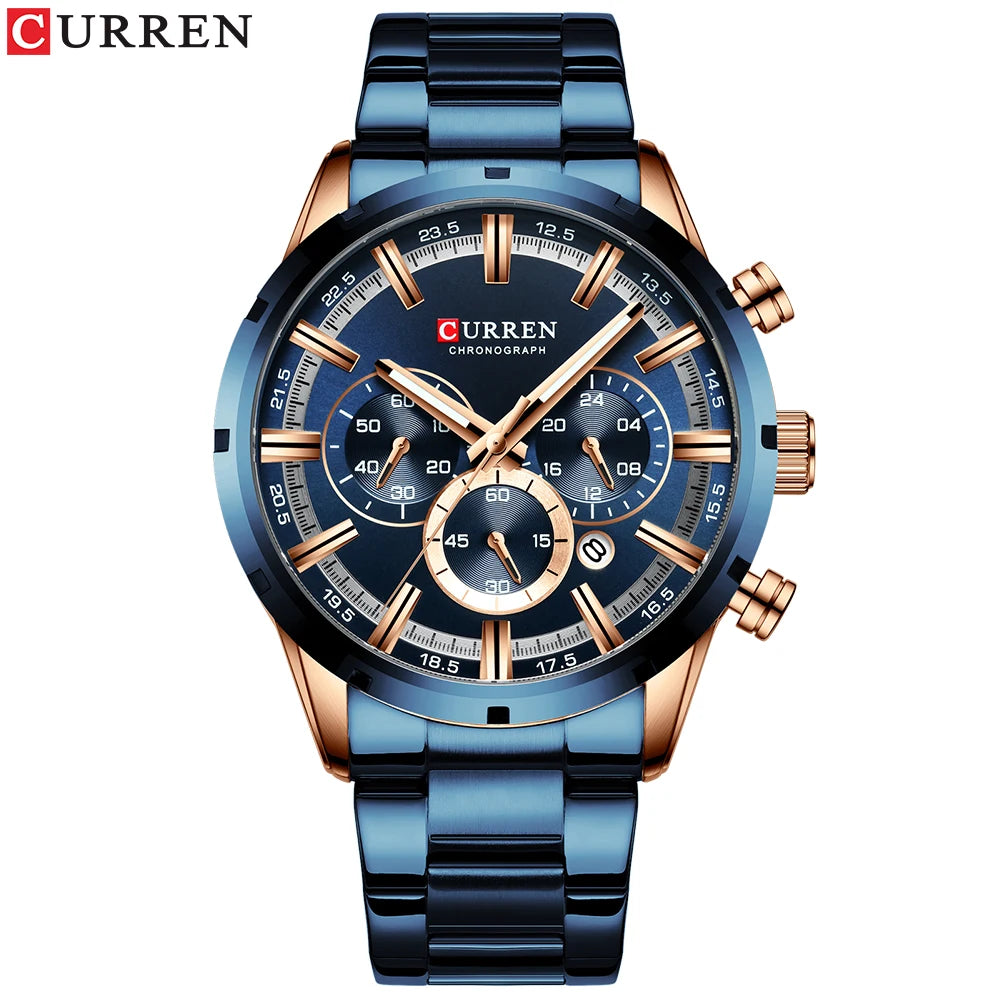 CURREN Top Brand Military Quartz Watches Silver Blue Mens Stainless Steel Chronograph Wristwatch for Male Casual Sporty Clocks