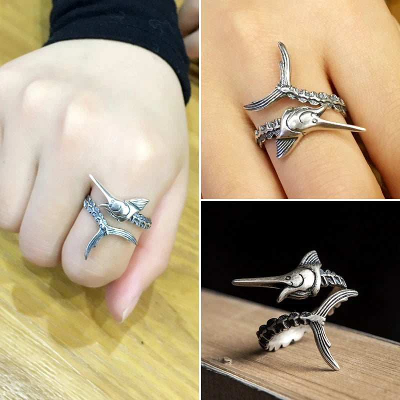 MKENDN Men Women Retro Personality Gothic Old Man And The Sea Marlin Fish Open Ring Genuine 925 Sterling Silver Jewelry