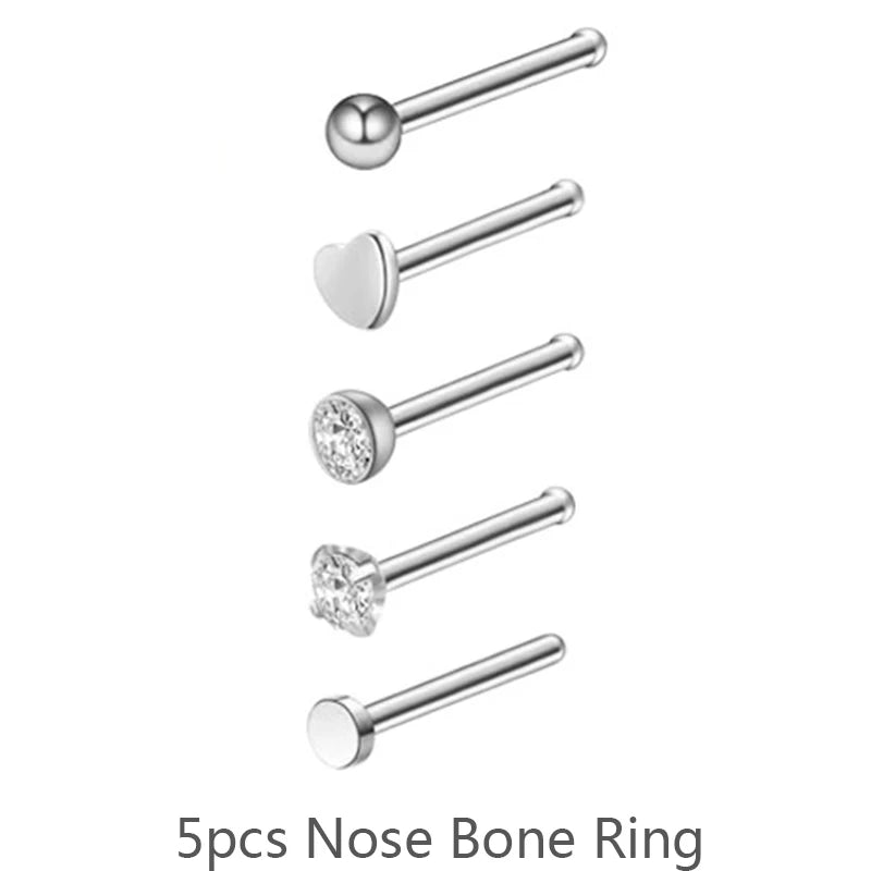 3/4/5/8/21pcs 20G Nose Studs Set Surgical Steel L-Shape Nostril Studs Screws Nose Ring Hoop Body Piercing Jewelry Mixed Styles