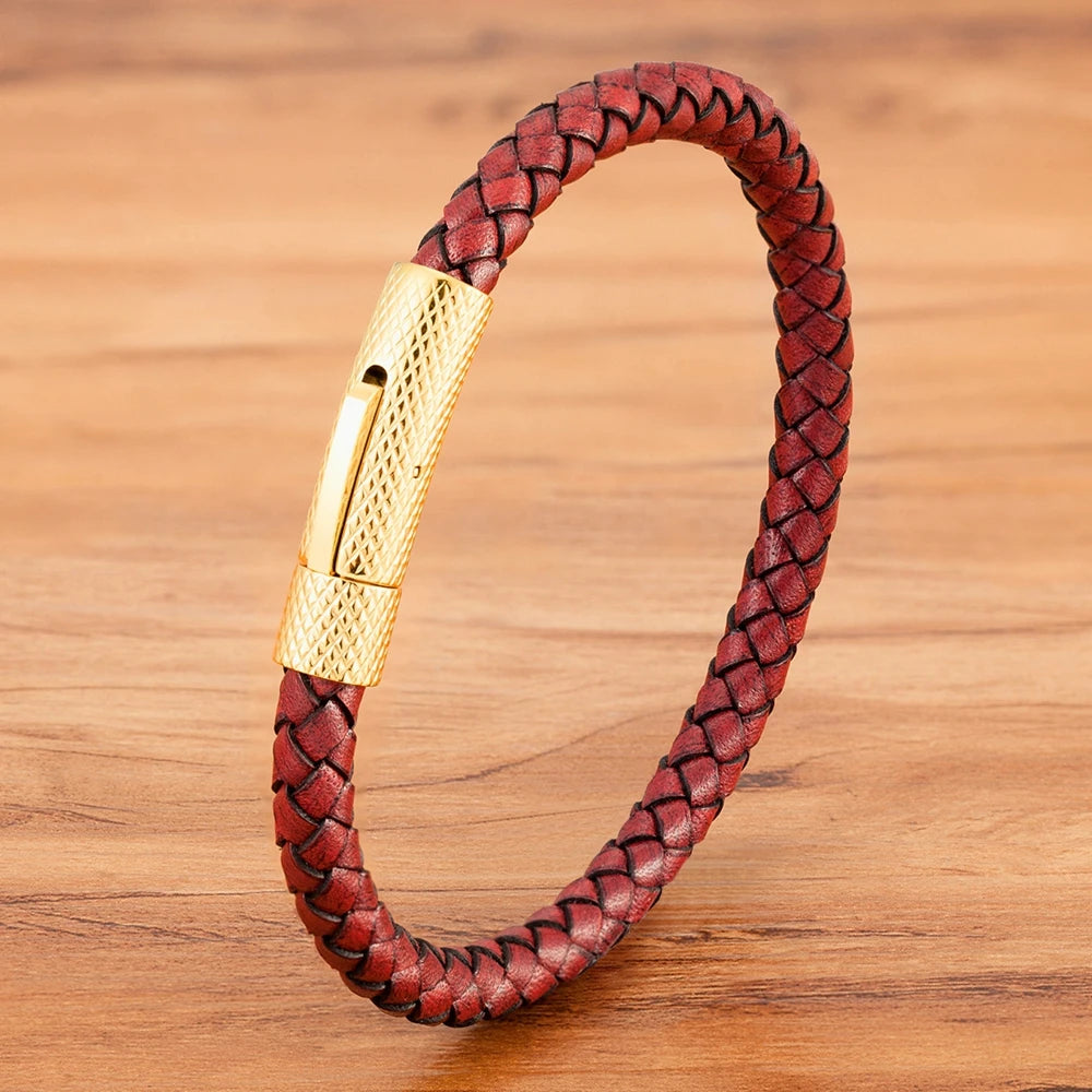 Bracelet TYO de luxe classique en acier inoxydable et cuir pour homme, tissé à la main, fermoir magnétique, noir, bijou simple, cadeau personnalisable