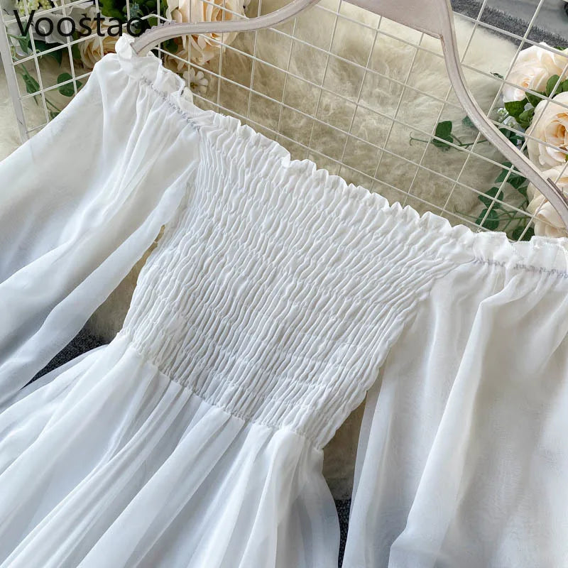 Seaside Holiday Party Dress Women Elegant White Fairy Chiffon Long Dresses Ladies Sweet Slash Neck Off Shoulder Boho Maxi Dress