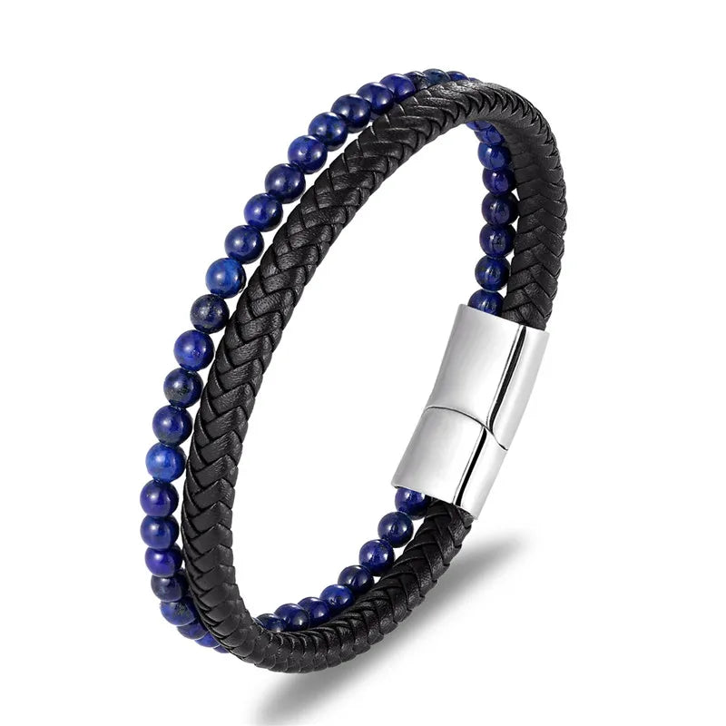 MKENDN Multicolor Natural Stone Classic Stainless Steel Men's Leather Bracelet 19/21/23 cm Choose Handsome Men's Christmas Gift