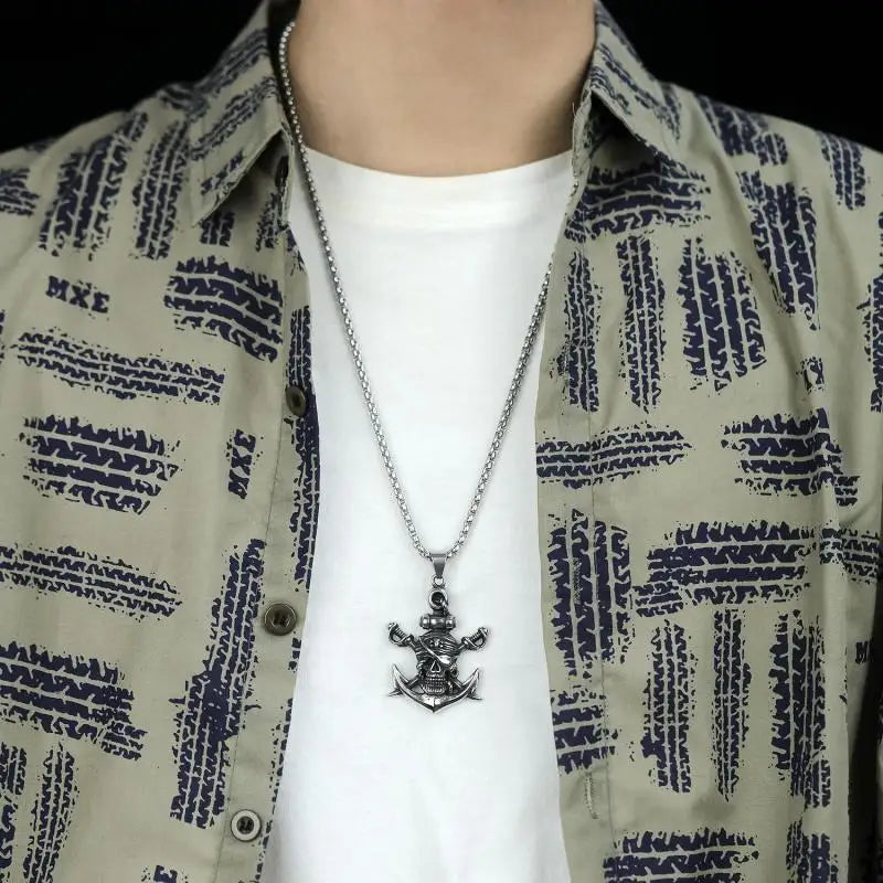 Double Sword Pirate Skull with Anchor Pendant Necklace