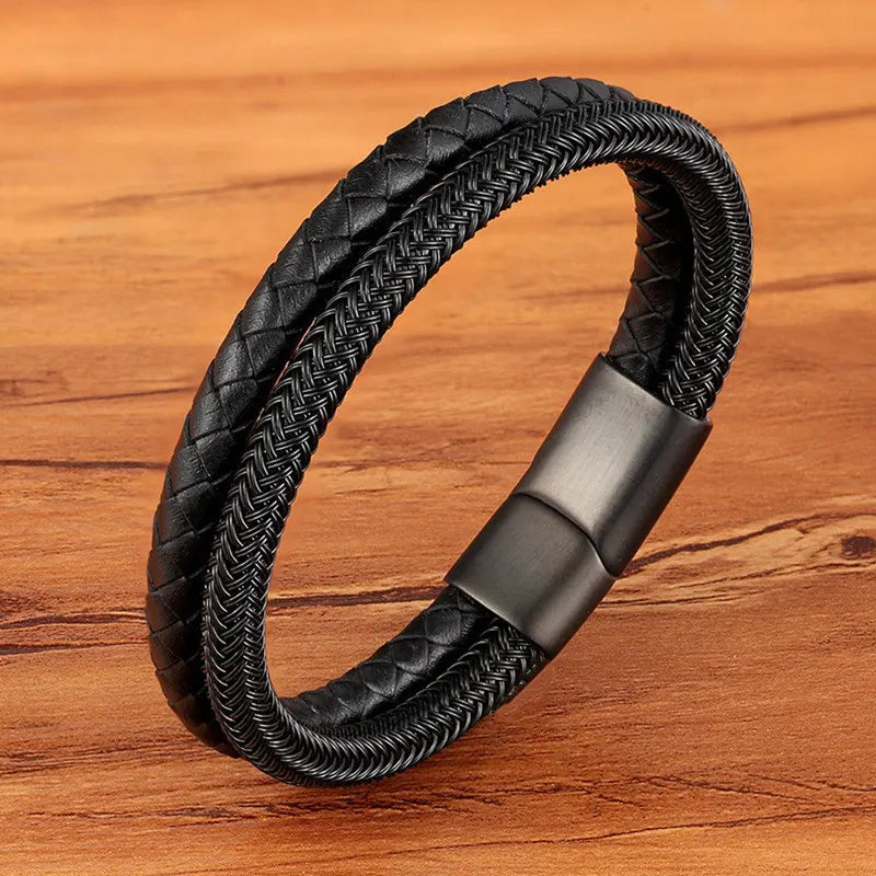 TYO Fashion Stainless Steel Charm Magnetic Black Men Bracelet Leather Genuine Braided Punk Rock Bangles Jewelry Accessories - Madeinsea©