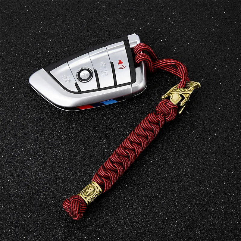 Antique Gold Color Viking Rune Bead Keychain Vintage Spartan Warrior Metal Handmade Woven Survival Paracord Rope Car Keyring