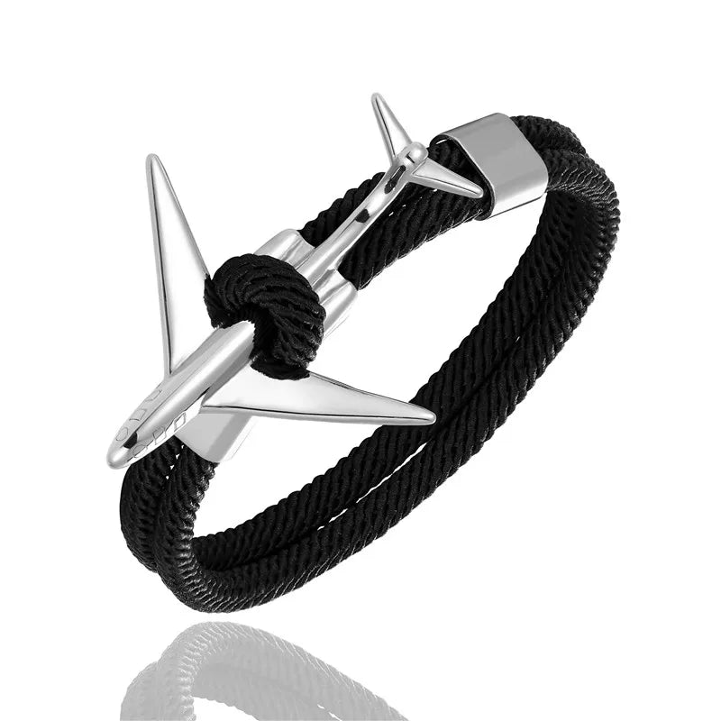MKENDN Fashion Stainless Steel Airplane Glider Anchor Rope Leather flight Bracelets Men Women aviator Style