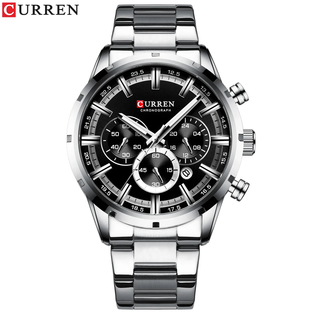 CURREN Top Brand Military Quartz Watches Silver Blue Mens Stainless Steel Chronograph Wristwatch for Male Casual Sporty Clocks