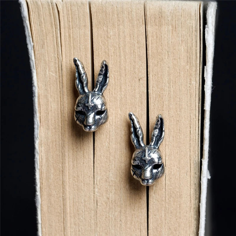 MKENDN Gothic Style Creative Vintage Cross Bunny Stud Earring Cute Rubbit 925 Sterling Silver Retro Punk Ear Jewelry