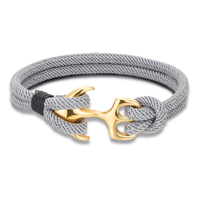 MKENDN 18K Plated Anchor Bracelets Men Double strand Nautical Survival Rope Paracord Bracelet Women Stainless Steel Sport Buckle