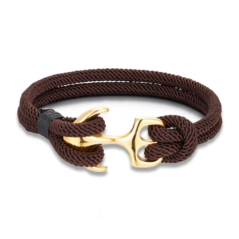 MKENDN 18K Plated Anchor Bracelets Men Double strand Nautical Survival Rope Paracord Bracelet Women Stainless Steel Sport Buckle