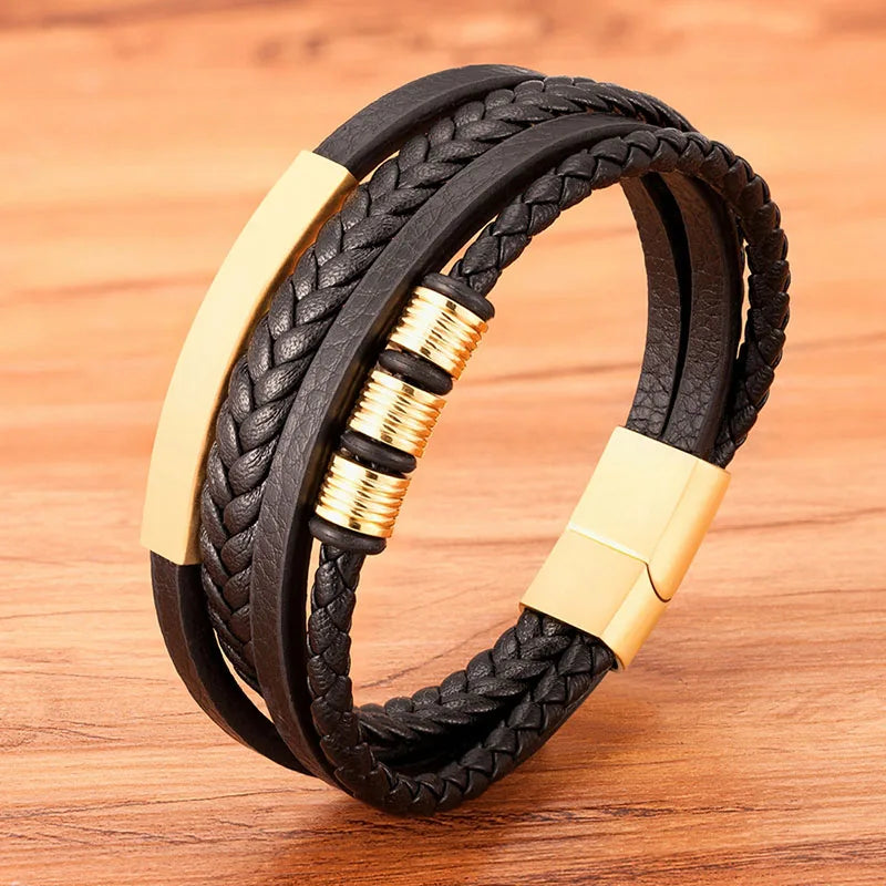 Bracelet TYO neuf en acier inoxydable noir multicouche en cuir véritable pour homme, fermoir magnétique, style vintage tressé
