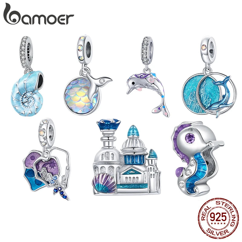 925 Sterling Silver Dream Ocean Series Enamel Charms, Mermaid Fishtail Hippocampus Shell Heart Scaly Castle Charm BSC433