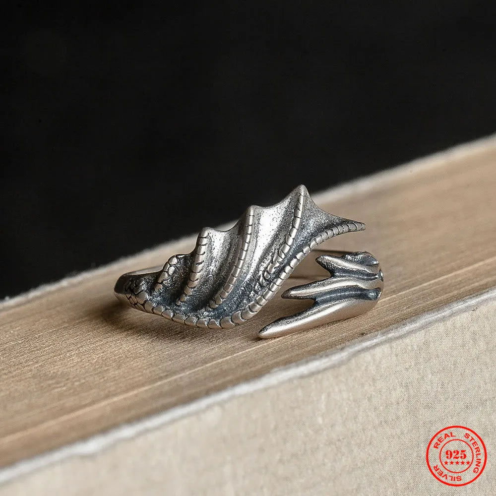 MKENDN Vintage 100% 925 Sterling Silver Dragon Wings Ring For Men and Women Gothic Street Hip Hop Punk Dark Jewelry