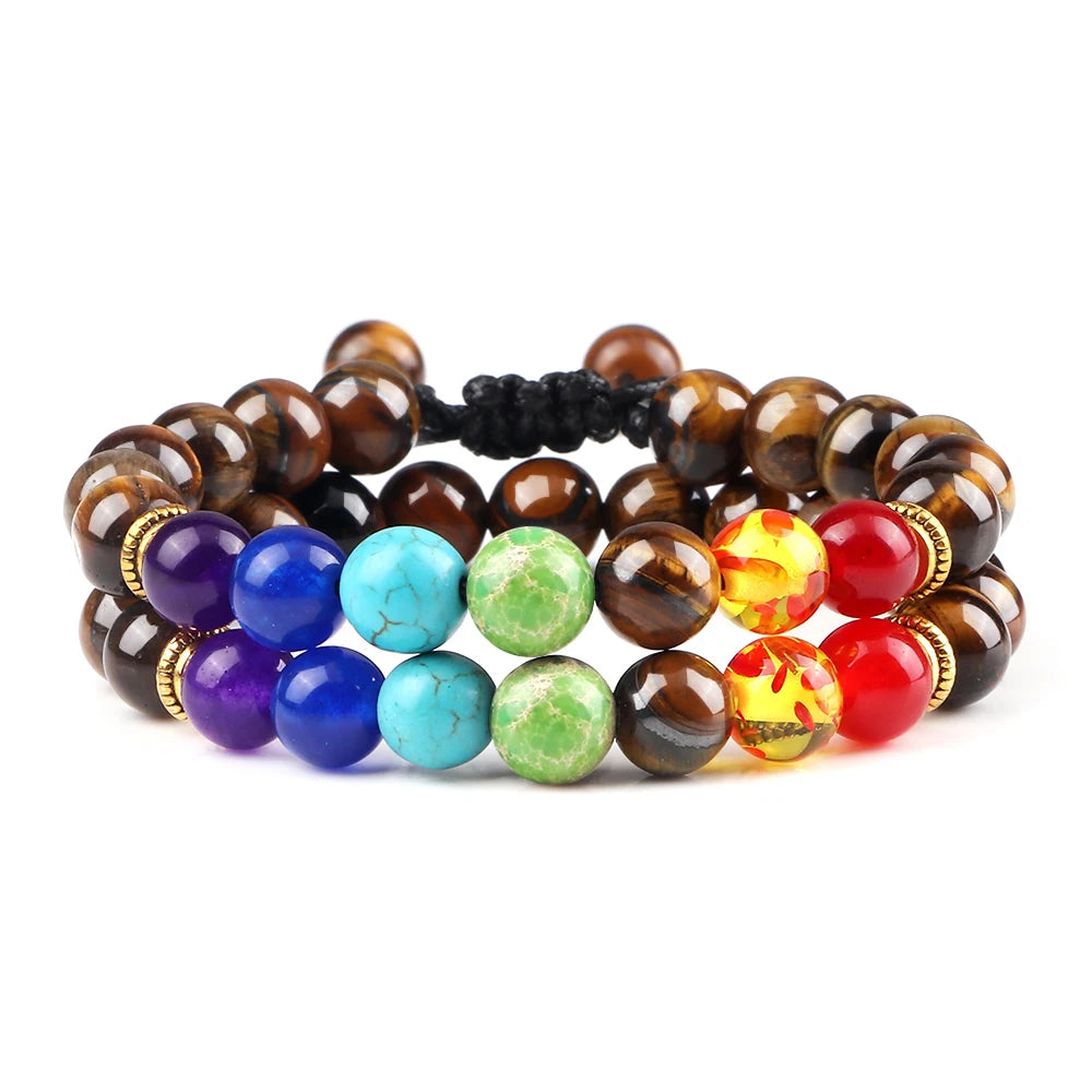 2Pcs Natural Stone 7 Chakra Healing Beaded Adjustable Braided Bracelets Men 8mm Lava Stretch Bracelet Women Reiki Buddha Jewelry