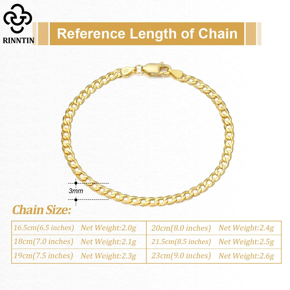 Rinntin 18K Gold Over 925 Sterling Silver 3mm Italian Cuban Chain Bracelet for Women Men Trendy Silver Bracelet Jewelry SB123 - Madeinsea©