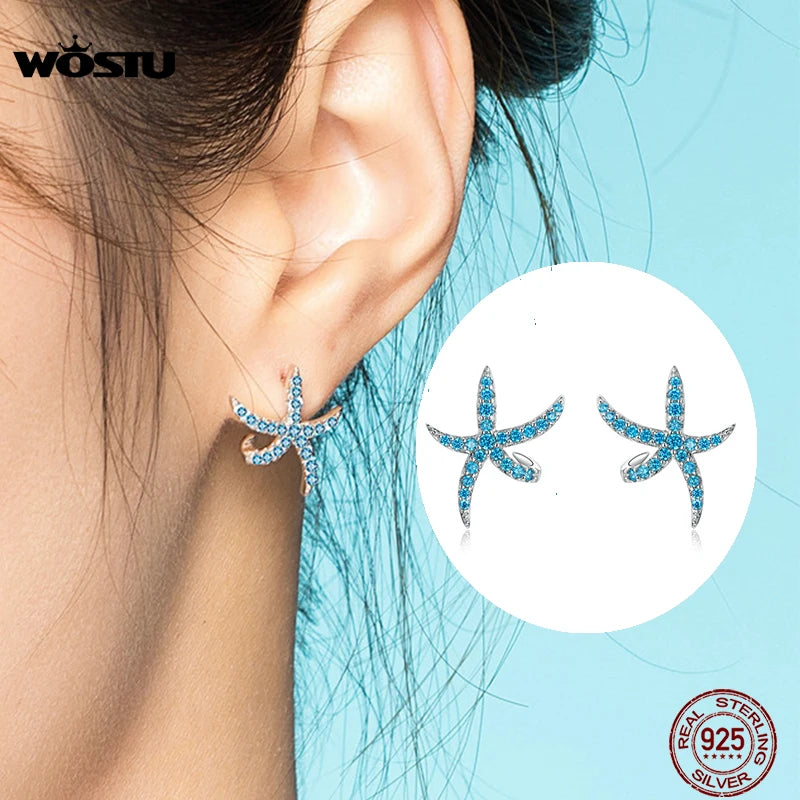 WOSTU 925 Sterling Silver Starfish Stud Earrings Blue Cubic Zircon Earrings For Women Fashion Silver 925 Jewelry CTE136