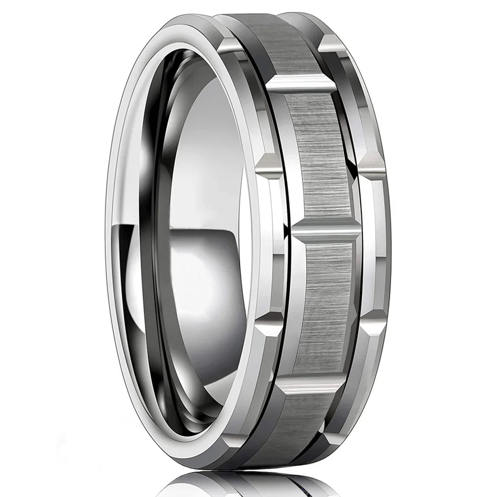 Trendy 8mm Men Frosted Stainless Steel Rings Silver Color Brushed Groove Beveled Edge Engagement Rings For Men Wedding Jewelry