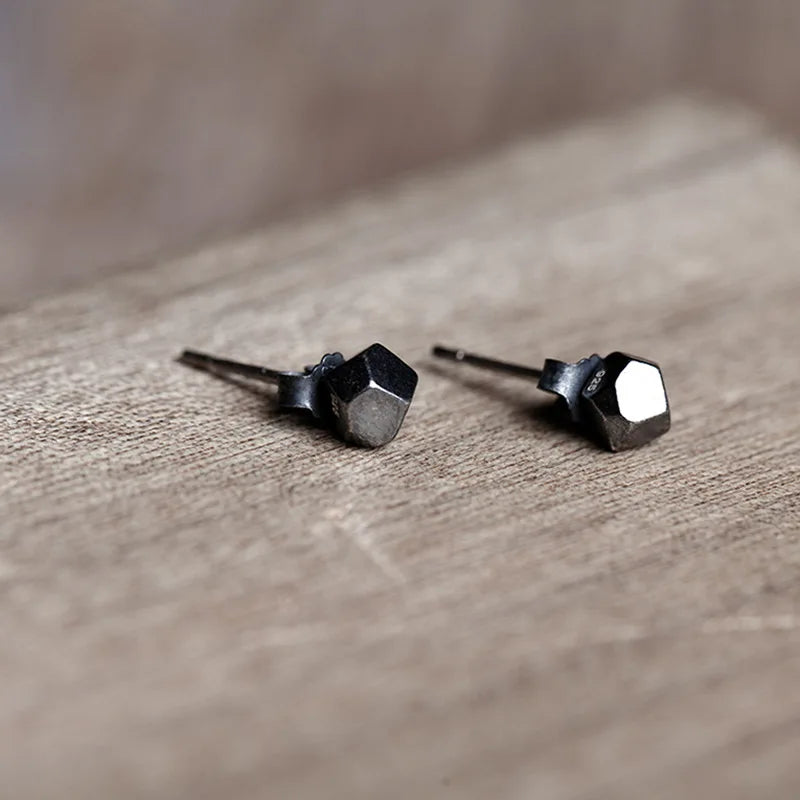 MKENDN Oxidized Black 925 Sterling Silver Three-dimensional Geometric Shape Stud Earrings Punk Irregular personality Jewelry
