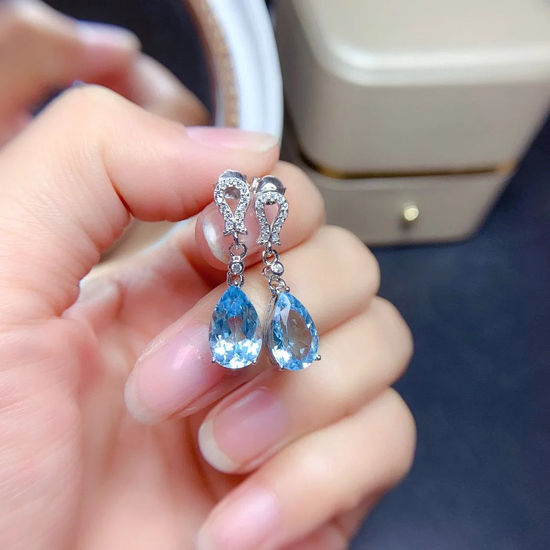 Vintage Bule Topaz Dangle Earrings for Party Romantic Women's Accessories Birthday Gift High Quality S925 Dainty Earring Jewelry