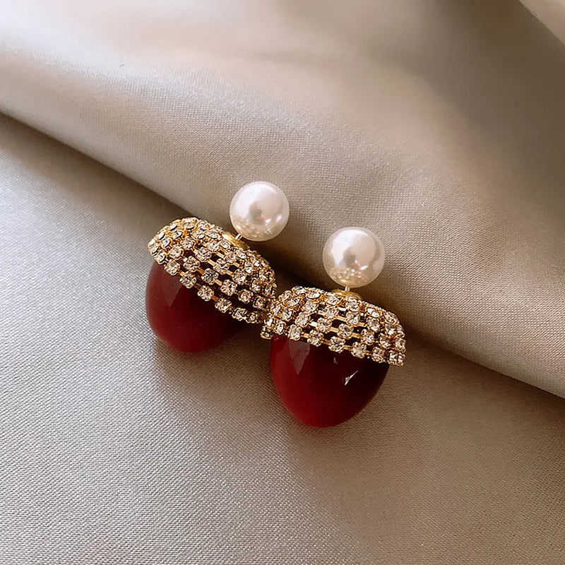 Fashion Crystal Bow Knot Stud Earrings For Women Pearl Cherry Flowers Rhinestone Red Earring Girls Party Christmas Jewelry Gifts