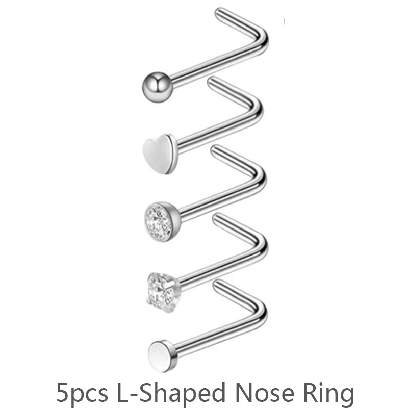 3/4/5/8/21pcs 20G Nose Studs Set Surgical Steel L-Shape Nostril Studs Screws Nose Ring Hoop Body Piercing Jewelry Mixed Styles