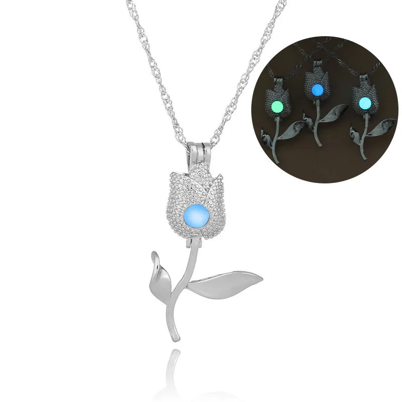 Glow in The Dark Locket necklace For Women Gun skull Heart mermaid Cross tortoise Glowing beads cage pendant Fashion Jewelry