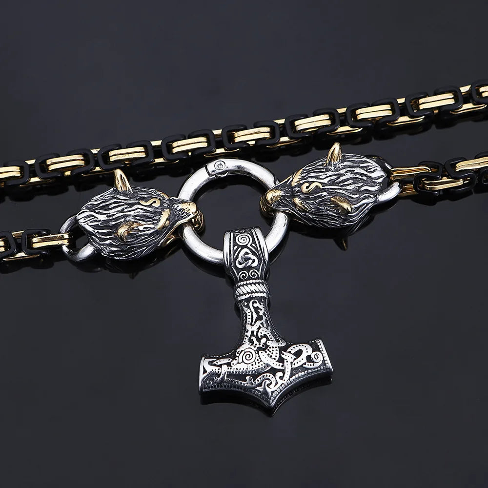 MKENDN Men Stainless Steel Wolf Head Norse Viking Amulet Thor Hammer Pendant necklace Never Fade Black Gold Plated King Chain