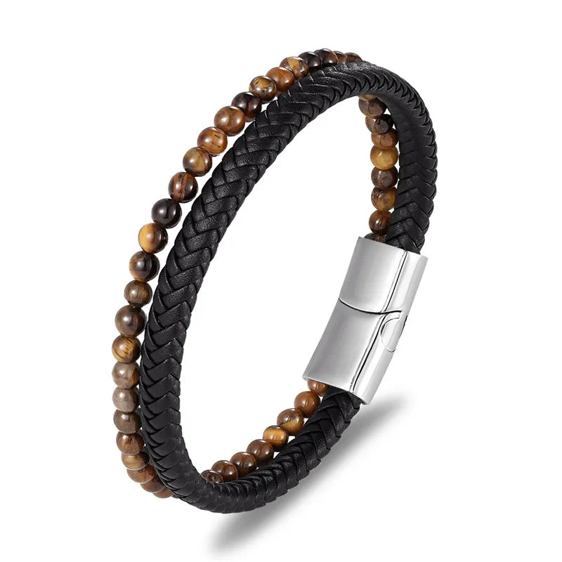 MKENDN Multicolor Natural Stone Classic Stainless Steel Men's Leather Bracelet 19/21/23 cm Choose Handsome Men's Christmas Gift