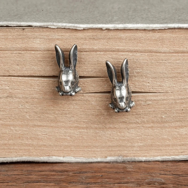 MKENDN Punk Vintage 100% 925 Sterling SIlver Animal Style Rabbit Stud Earring Men Women Gothic Dark Jewelry