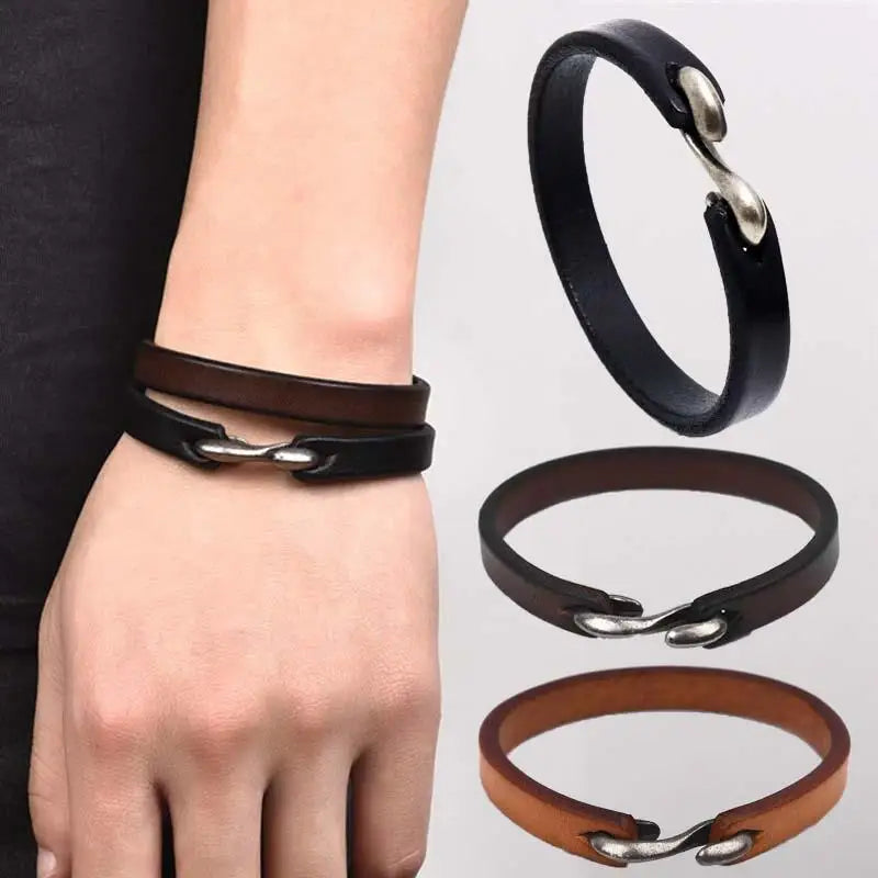 Jiayiqi Men Bracelet Genuine Leather Bangle Retro Cuff Bracelet Classic Hooks Wristband Men Women Jewelry Gifts