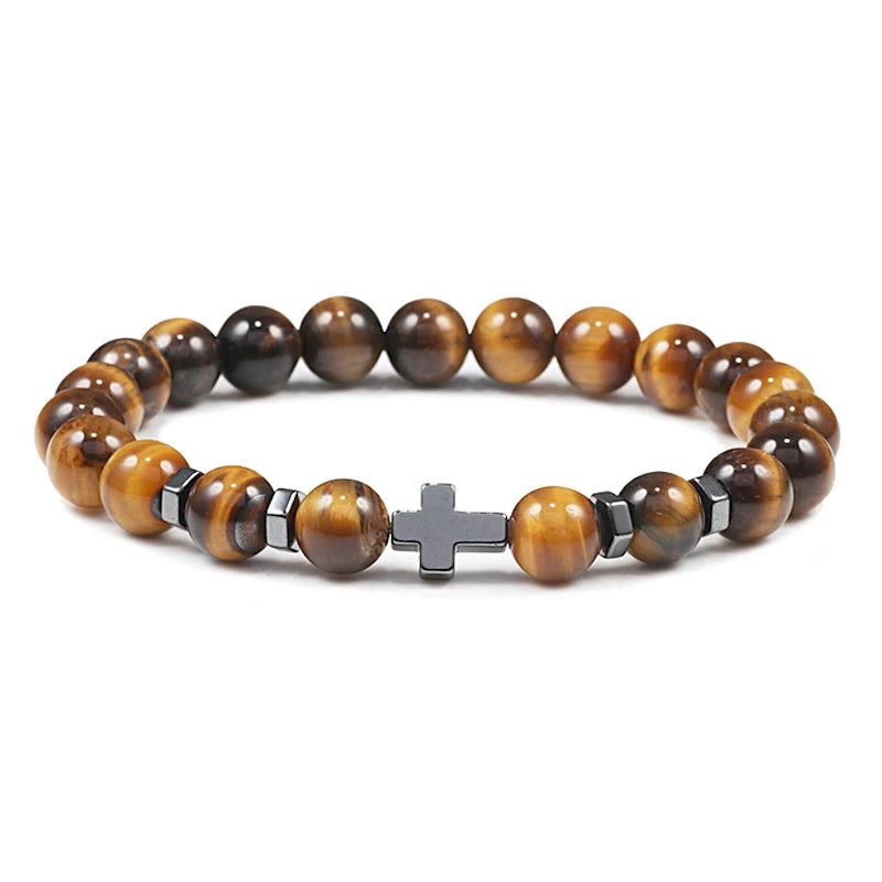 Prayer Men Natural Stone Wood Beads Rosary Hematite Cross Bracelets Onyx Meditation Bracelet Women Yoga Jewelry Homme Pulsera