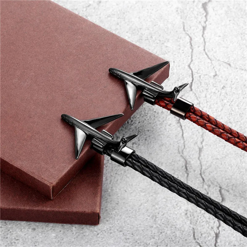 MKENDN Fashion Retro Leather Bracelet Stainless Steel Airplane Anchor Bracelets Men Women Summer Style Wrap Metal Sport Hook