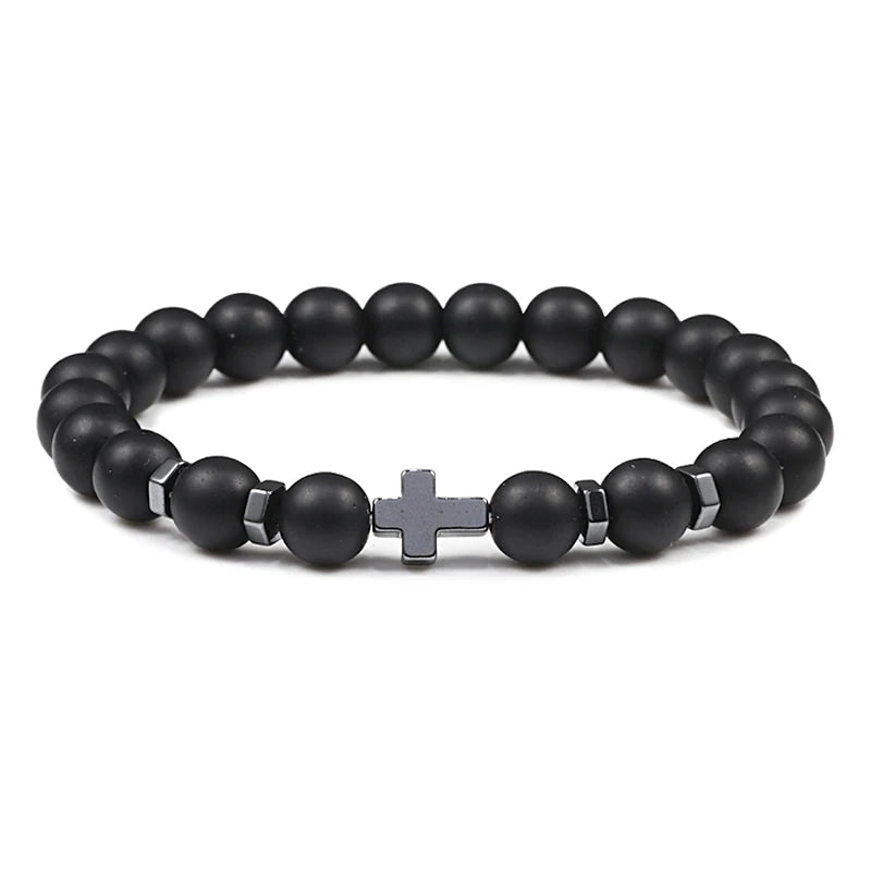 Prayer Men Natural Stone Wood Beads Rosary Hematite Cross Bracelets Onyx Meditation Bracelet Women Yoga Jewelry Homme Pulsera
