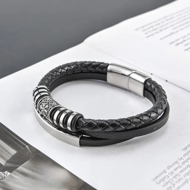 MKENDN Punk Viking Style Hand-woven Multi-layer Combination Accessory Stainless Steel Men's Leather Bracelet Classic Gift