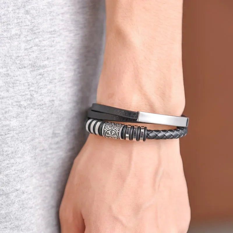 MKENDN Punk Viking Style Hand-woven Multi-layer Combination Accessory Stainless Steel Men's Leather Bracelet Classic Gift