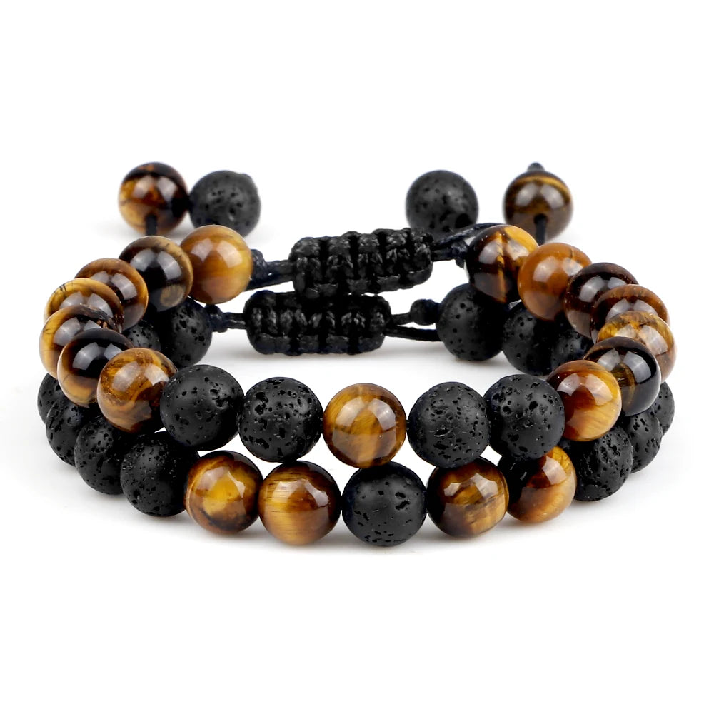 8mm Men Bracelets Black Lava Beads Bracelet Tiger Eye Adjustable Braided Rope Bangles Couple Distance Women Yoga Healing Jewelry