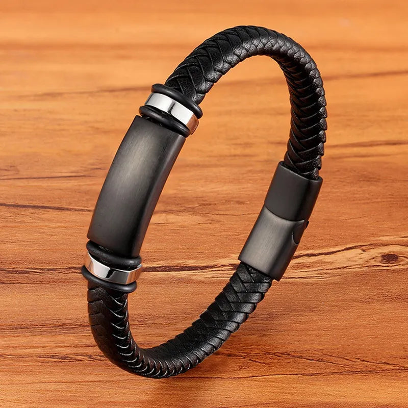 TYO Fashion Stainless Steel Charm Magnetic Black Men Bracelet Leather Genuine Braided Punk Rock Bangles Jewelry Accessories - Madeinsea©
